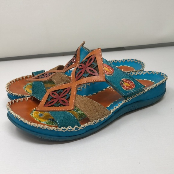 Elite By Corkys Slides Women’s Size 7 Four Points Leather Sandal Turquoise Artsy - Picture 2 of 16